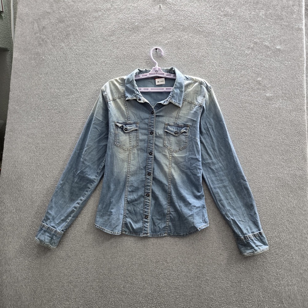 Guess Women Button Up‎ Shirt L Blue Denim Western Collared Front